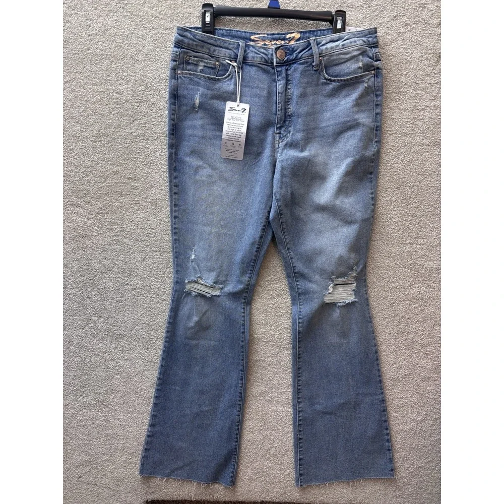 Seven 7 Jeans Wmns 12 (Fits 33x32) Blue Denim Distressed Felicity Slim Flare NEW - Picture 2 of 10